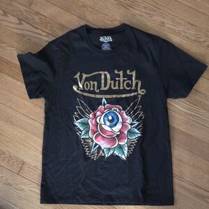 Von Dutch Black Tee with Eye and Rose Graphic